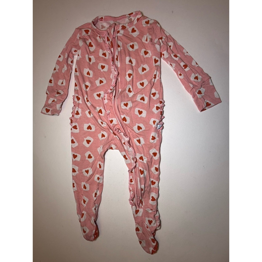 Posh Peanut Baby Girl 3-6M Pink Heart Bamboo Ruffle Footie Pajamas Zipper